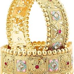 Gold Metal Bangles Rajwadi Style Kada Set For Women & Girls with Red & White Zircon Diamonds | Antique Traditional Kangan | Screw Lock Bangles Bracelet Jewellery-Set of 2 Bangles-image-49