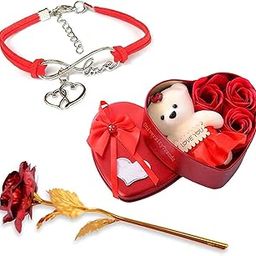 University Trendz Valentine Gift Combo - Red Rose Leather Bracelet & Soft Teddy with Red Rose Flower Petals Box for Girlfriend, Wife, Lovers Romantic Gift for Valentine Day-12