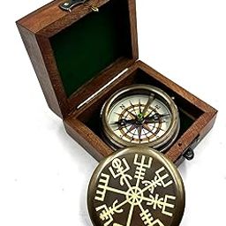 Viking Engraved Lid Pocket Round Compass Brass Nautical with Wood Box Birthday Gift for Your lovedones-picture-18
