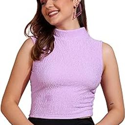 Women's/Girl's Sleeveless Mock Neck Textured Crop Top High Neck Design-image-98