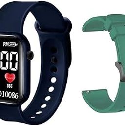 Combo LED Display Fashionable Children Kids Digital Watches and Soft Silicone 22mm Watch Strap with Secure Buckle Lock (Blue & Green) Pack of 2-image-16