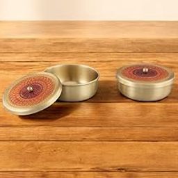Decorative Brass Storage Containers with Mandala Pattern Lids, Traditional Indian Style, Set of 2, Gold-image-53
