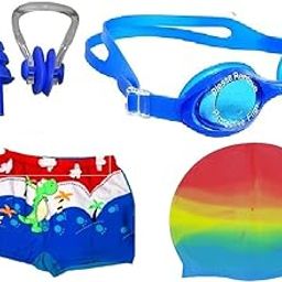 Boys Swim Combo Set -1 Multi Trunks Shorts Swimwear for Age 4 to 6, with Swim Goggles,Swim Cap, Nose Clip and Ear Plugs,Color and Design May Vary SSTP Multicolour-image-88