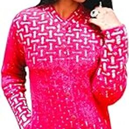 Printed Button-Down Cardigan, Hot Pink with White Pattern, Long Sleeves, V-Neck-image-6