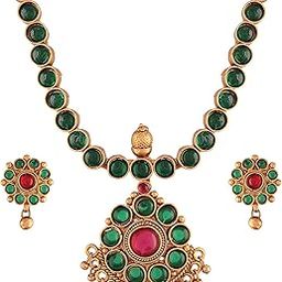 18K Gold Plated Intricately Designed Traditional Brass Jewellery Set With Earrings Glided with Kundan (SJ080)-image-32