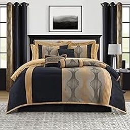 Stratford Park Elegant Black and Gold Comforter Set King Size, Striped,15 Piece Room-in-A-Bag, Jacquard Bedding Set, All Season, Matching Decorative Pillows, Pillow Sham, Curtains-11
