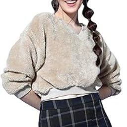 Beige V-Neck Fur Crop Sweatshirt-image-76