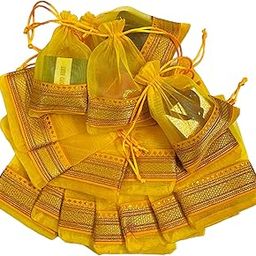 KRIWIN Pack of Thirty Small Size Silk Organza Potli Gift Bags Coin Bags(15 X 10 cm) Drawstring Closure (Yellow)-image-80
