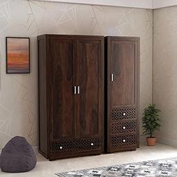 EBANSAL Wooden 3 Door Wardrobe for Bedroom, Almirah with 4 Drawers & Multiple Shelves Storage, Solid Sheesham Wood, Walnut Finish-picture-18
