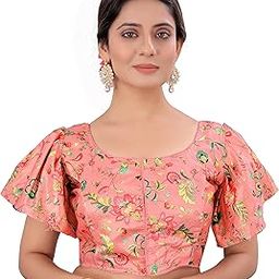 Women's Multicolor Butterfly Floral Print Pattern Ruffle Sleeve Readymade Saree Blouse-image-19