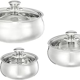 Amazon Brand - Solimo Cookware 3-Piece Insulated Belly Serving Set (600 ml, 900 ml & 1200 ml) | Double Wall Stainless Steel | Heat Retention with Glass Lids-image-33
