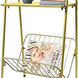 Akifi Craft Record Player Stand with Vinyl Storage for Small Nightstand, Narrow End Table, Tall Bedside Table, Magazine Side Table - Metal (Slant, Yellow)-image-12
