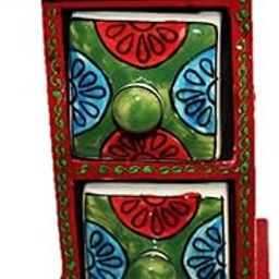 SHRIYAM CRAFT Embossed Painting Handmade Wooden and Ceramic 2 Drawers Small Chest Jewellery Organizer Desk Ta[red]-picture-28