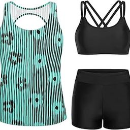 3 Piece Athletic Tankini Swimsuit for Women Sport Swimwear with Boyshort Tank Top with Bra and Shorts Blue Striped Floral S-image-42