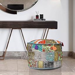 Patchwork Pouffe Cover Round Traditional Furniture Footstool Seat Puff Embroidered Tassels Bean Bag Cover Cotton Floral Design Ottoman (18x18x13 Inch)-image-18