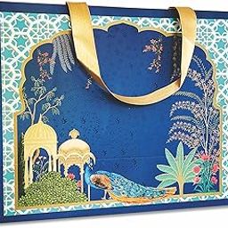 VESTTA -ELEGANCE REDEFINED Paper Gift Bags, Large,13 (L) X 5.5 (B) X10 (H) Inches, Arabic Vintage Print, Gloss Finish, Gold Stamping, Pack Of 5, For All Celebrations, With Tags-Premium Collection (5)-12