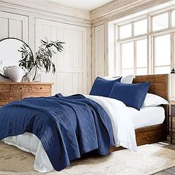 100% Cotton Quilt Set Queen Size, Navy Blue Pre-washed 3-Piece Bedspread Coverlet Set, Cozy Lightweight Stitching Decorative Bedding Cover with 2 Shams in Geometric Pattern Rustic Style for All Season-image-7