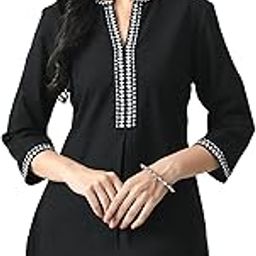 Women's Mandarin Collar Embroidered 3/4th Sleeves Black Tunic-image-15