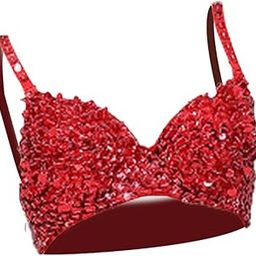 MYADDICTION Women Polyester Blend Sequin Corset Luxury Handmade Glitter Crop Top Push-Up Bra For Nightclub Party Stage S Red,Small-image-31