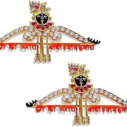 (Pack Of 2 Pcs) Diamond Nug Engraved Metal Barbarika Ji Face Hare Ka Sahara Baba Khatu Shyam Hamara Teen Baan Dhanush Design Lapel Pin Brooch For Wedding & Parties-39