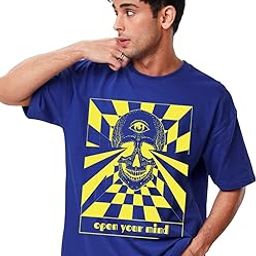 Pure Cotton Half Sleeve Oversized Loose Fit Cool Front Open Your Mind Graphic Printed Royal Blue Round Neck T-Shirt for Men (OS_100_OPNURMND_RB)-image-6