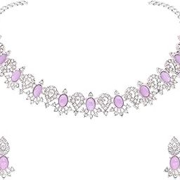 Unique Silver Polish American Diamond (AD) Stone Studded Choker Necklace Jewellery set with Matching Pair of Earring for Women and Girls(AB_Lotus-SLR-Lavender)-image-89