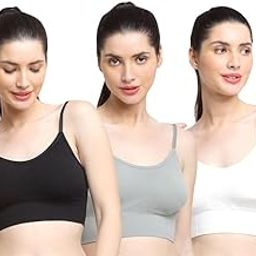 Women's & Girl's Stylish Fancy | Padded Slim Fit Shoulder Straps Fitted Tank & Crop Top | Beginners Bra | (Free Size, Regular, 3, Black-White-Grey)-image-98