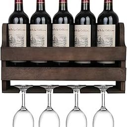 Genuine Decor Wall Mounted Wine Rack and Glass Holder, Rustic Wooden Wine Storage Display Shelf, for Kitchen, Dining Room, Bar, Home & Kitchen D?cor (Teak) Bar Cabinets-image-53