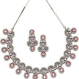Black and Rose Gold Plated Pink American Diamond Necklace Set for Women-image-1