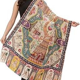 women 100% Pure Wool with Woolmark Certificate shawl, Printed Darbar design, Multicolour-picture-16