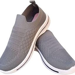Slip-On Knit Walking Shoes, Grey Mesh Breathable Sneakers with White Sole, Lightweight Comfort-picture-35