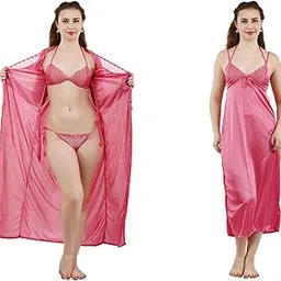 romaisa Women's Satin Solid Maxi Length Nighty, Wrap Gown, Bra and Thong (FP411OMR375, Pink, Free Size, Nightwear Set Pack of 4)-picture-12