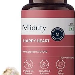 Miduty Happy Heart - Liposomal High Absorption CoQ10-300 mg With Methyl Folate, D-Chiro-Inositol, Magnesium | Helps in Blood Pressure Control & Heart Health Supplement - 30 Capsules-99