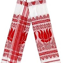 Polycotton with Lotuse Flower Design Having Red and White Colour Assam Traditional Gamcha or Gamosa-image-18