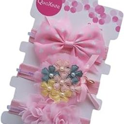 SYGA 3 Piece Baby Headband Set, Stretchable Fabric Bow and Flower Headdress for Newborn Infant Toddlers Kids-0-3 Years (Light Pink with soft flower detailing)-image-2