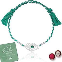 92.5 Sterling Silver Peacock Feather with Stone Thread Rakhi For Rakshabandhan | Rakhi With Fragrance Greeting Card & Roli Chawal and Silver Certificate of Authenticity-image-58