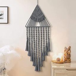 KAAHIRA Handmade Macrame Boho Wall Hanging Dream Catcher Triangle Tassel | Bohemian Wall Art Home Decor (Grey)-picture-5