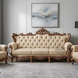UNIQUE WOOD ART Royal Classic Carved Wood Sofa Set – 3+1+1 Victorian Design with Beige Upholstery| 5 Seater | Classic Home Decor Furniture 3-Piece Teak Wood Frame Sofa with 2 Armchairs-image-34