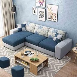 FURNY Orlando Fabric 4 Seater LHS L Shape Sofa Set with 2 Puffy (Blue-Grey)-image-55