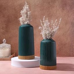 Ribbed Design Ceramic Flower Vase for Living Room, Flower Pots for Artificial Flower, Home Decoration Item, Home Decor, Vases for Home, Office, or Gifts VASE ONLY NO Flowers - (Green, 6 & 8 Inch)-image-40