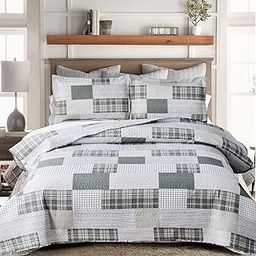 Grey White Plaid Quilt Full/Queen Size Lightweight Patchwork Quilts Geometric Bedspread Checked Bedding Soft Breathable Gingham Coverlet Bed Cover Classic Home Decor-image-1