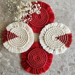 My Creative Hut Handmade Macramé Christmas Coasters – Set of 4 (White Red), Boho Style Holiday Decorations for Dinner Table and Kitchen, Holiday Gifting-image-80