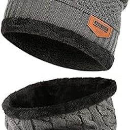 DIGITAL SHOPEE Winter Knit Beanie Woolen Cap for Men/Women with Neck Scarf Fur Fleece (Set of 2)-image-12