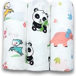 Momly U Cotton Baby Swaddle Set | Pack of 3 | Size-100cm x 100cm Deer Panda Dinosaur Printed on White | 0-18 Month+ | Printed Muslin Swaddle Wrap for New Born Baby-picture-13