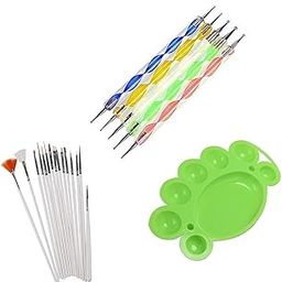 FOK 21Pc Premium Plastic Beauty Nailart Palette Dappen Dish For Mixing Nail Color Paint Polish With Set Of 15Pc Nailart Brushes And 5Pc Nail Dotting Pen-22