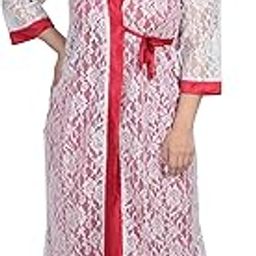 Women Satin Solid Nightwear Maxi Set Nighty with Net Sleep Robe for Women, Dark Pink-picture-25