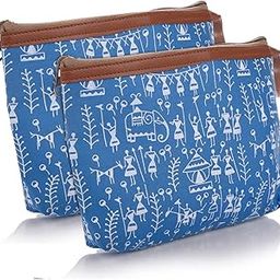 Kuber Industries Toiletry Pouch|Warli Print Travel Cosmetic Pouch|Canvas Waterproof Makeup Pouch with Handle|Pack of 2 (Blue)-image-61