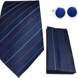 Navy Blue Striped Italian Silk Tie, Pocket Square & Matching Cufflink Gift Set for Men – 2.75" Slim Necktie, 10x10 Handkerchief, Brass Cufflinks – Elegant Formal Accessories in Wooden Gift Box-image-89