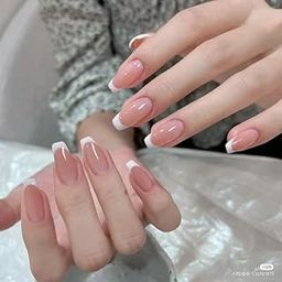 FWS Artificial fake Press On Nails Art Set (Set Of 20) Reusable Nails Extension,BridalNails,Stick-On Nails,Manicure Art Set, AcrylicNails,False Nails,DesignerNails | Nail Glue, Nail file, cuticle pusher, cleaning wipe | Glossy Nude French Shape Medium Ballerina-image-69