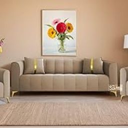 The Sofa Studio - Premium Tufted Velvet Sofa in Golden Accent Set in Golden Metal Legs Decorative Throw Pillow Sofa for Living Room, Bedroom, Hallways (Beige, 3+1+1 Seater)-picture-11